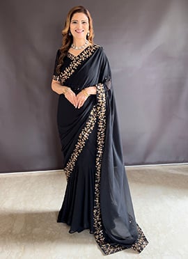 Black Faux Georgette Embroidered Lehenga Saree