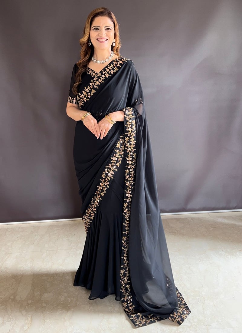 Black Faux Georgette Embroidered Lehenga Saree Festive Wear