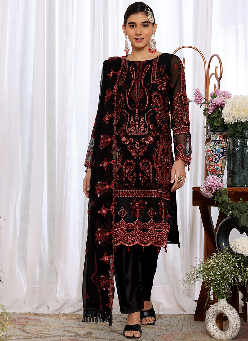 Black Faux Georgette Embroidered Pakistani Suit