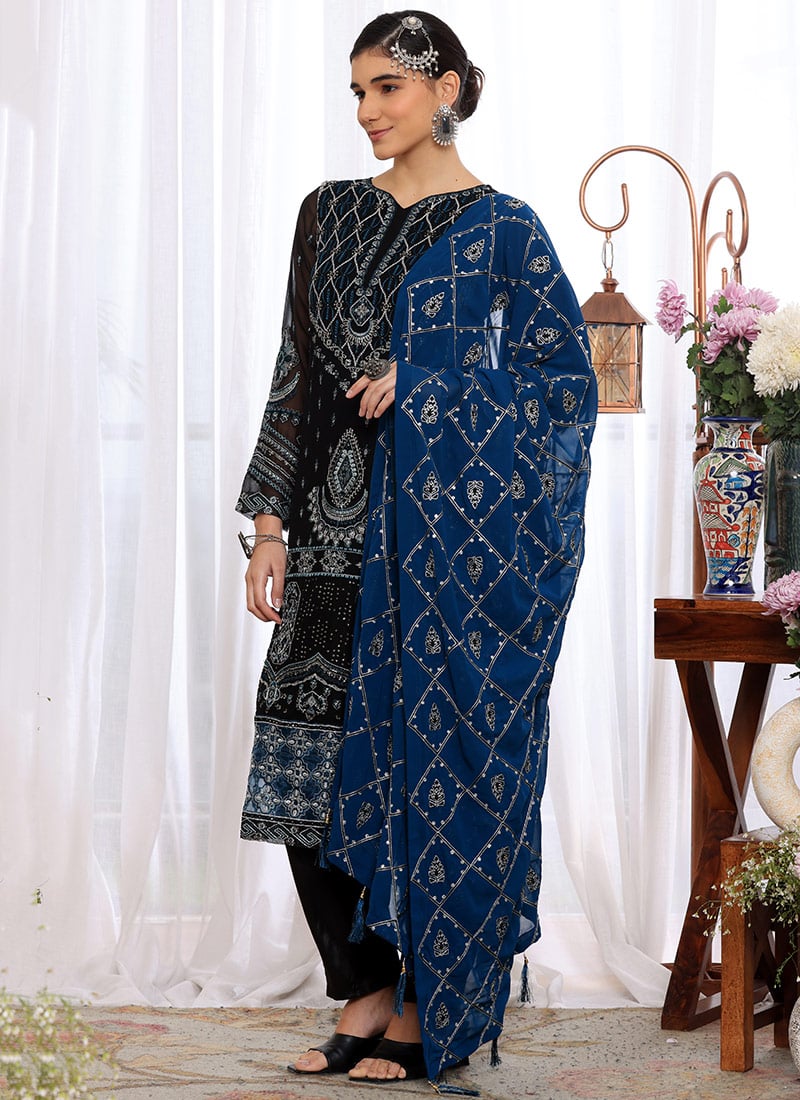 Black Faux Georgette Embroidered Pakistani Suit Party Wear