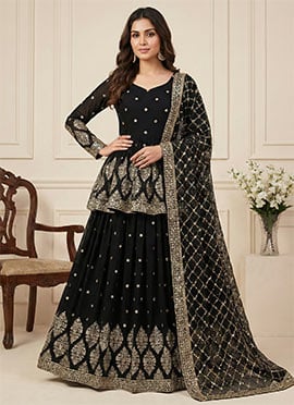 Black Faux Georgette Embroidered Sequins A Line Lehenga