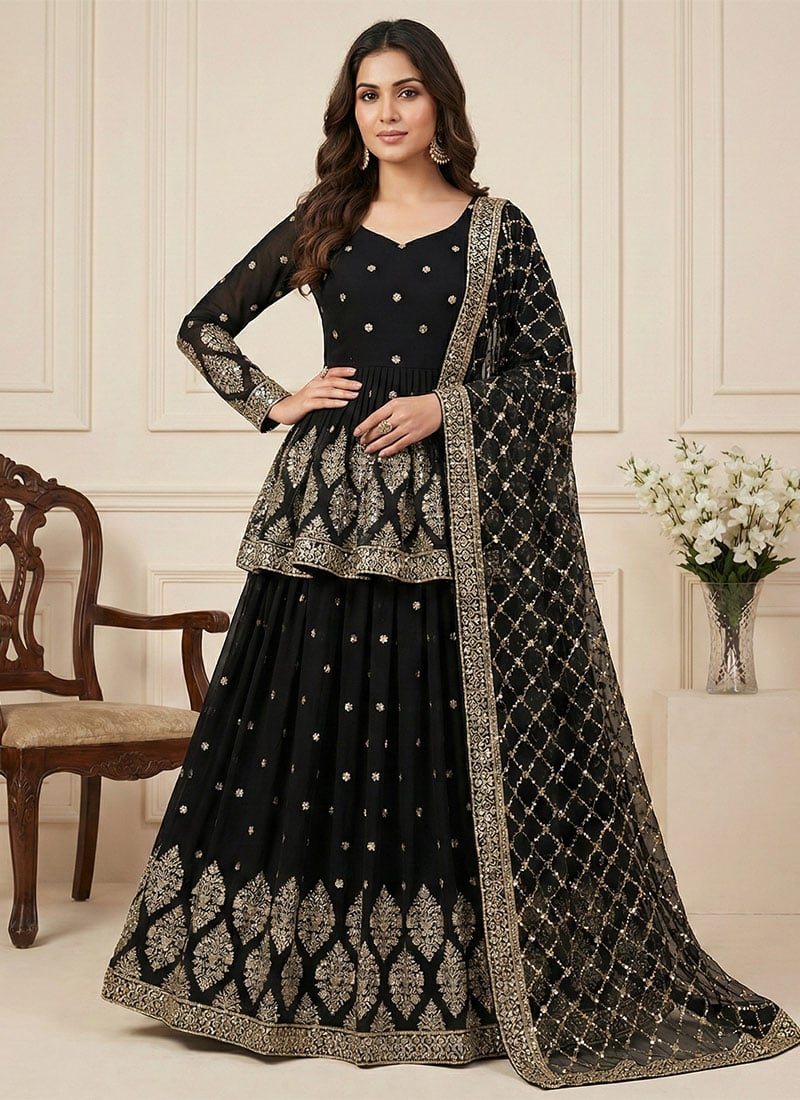 Black Faux Georgette Embroidered Sequins A Line Lehenga Wedding Wear