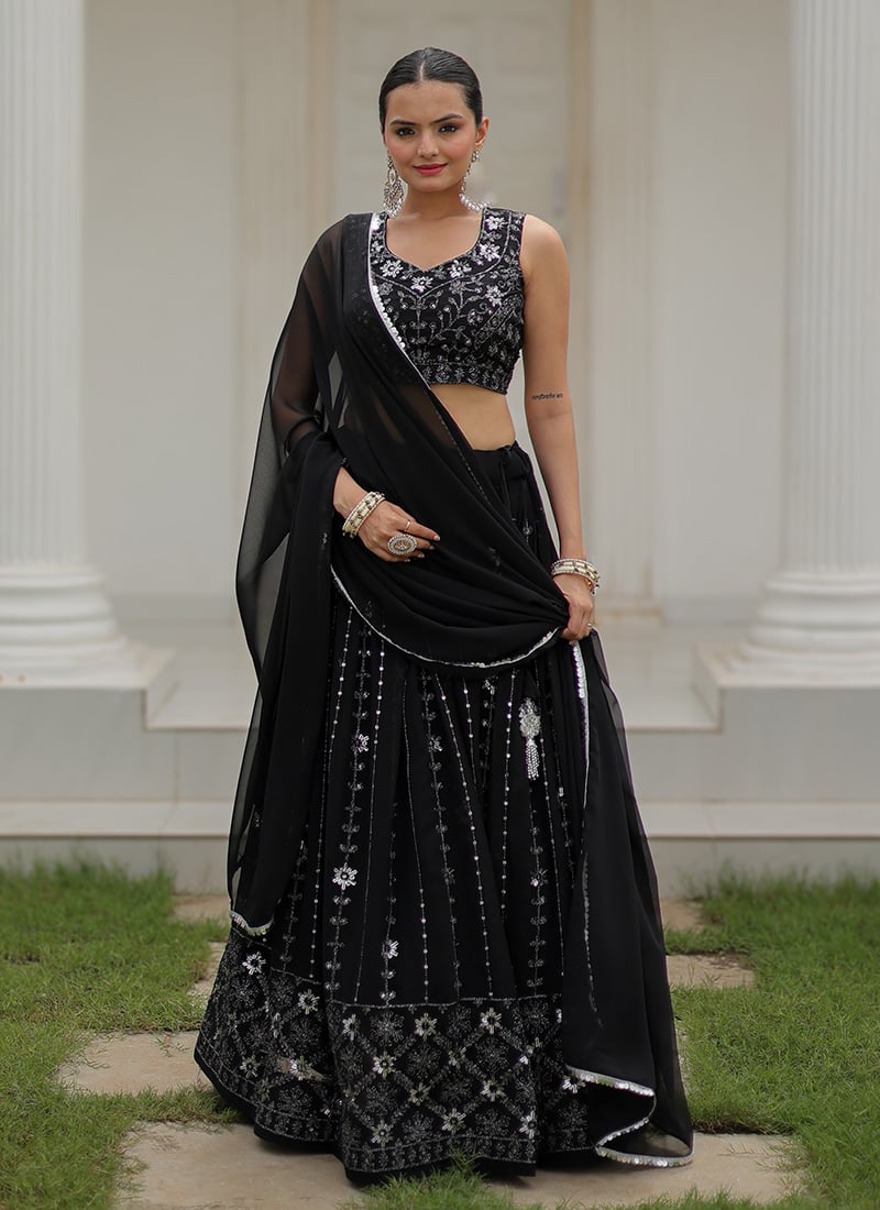 Black Faux Georgette Embroidered Sequins Gorgeous Lehenga Festive Wear
