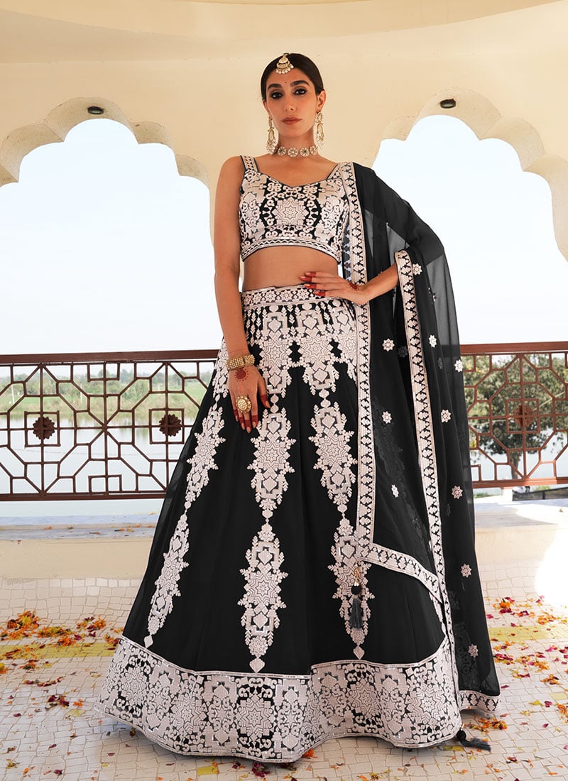 Black Faux Georgette Embroidered Sequins Lehenga Wedding Wear