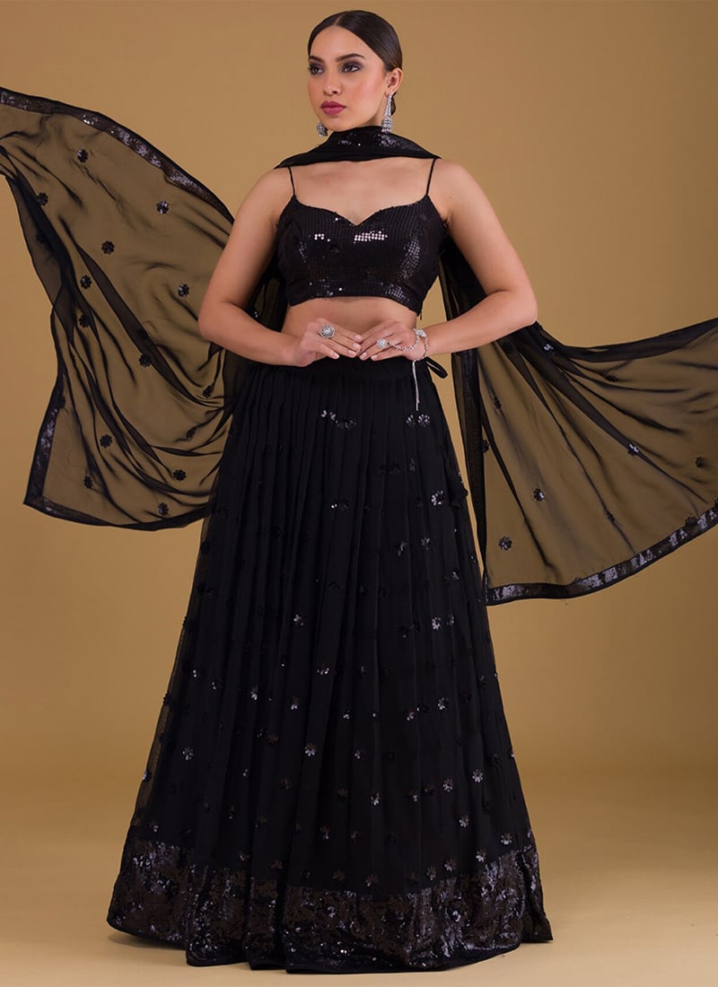 Black Faux Georgette Embroidered Sequins Lehenga Wedding Wear