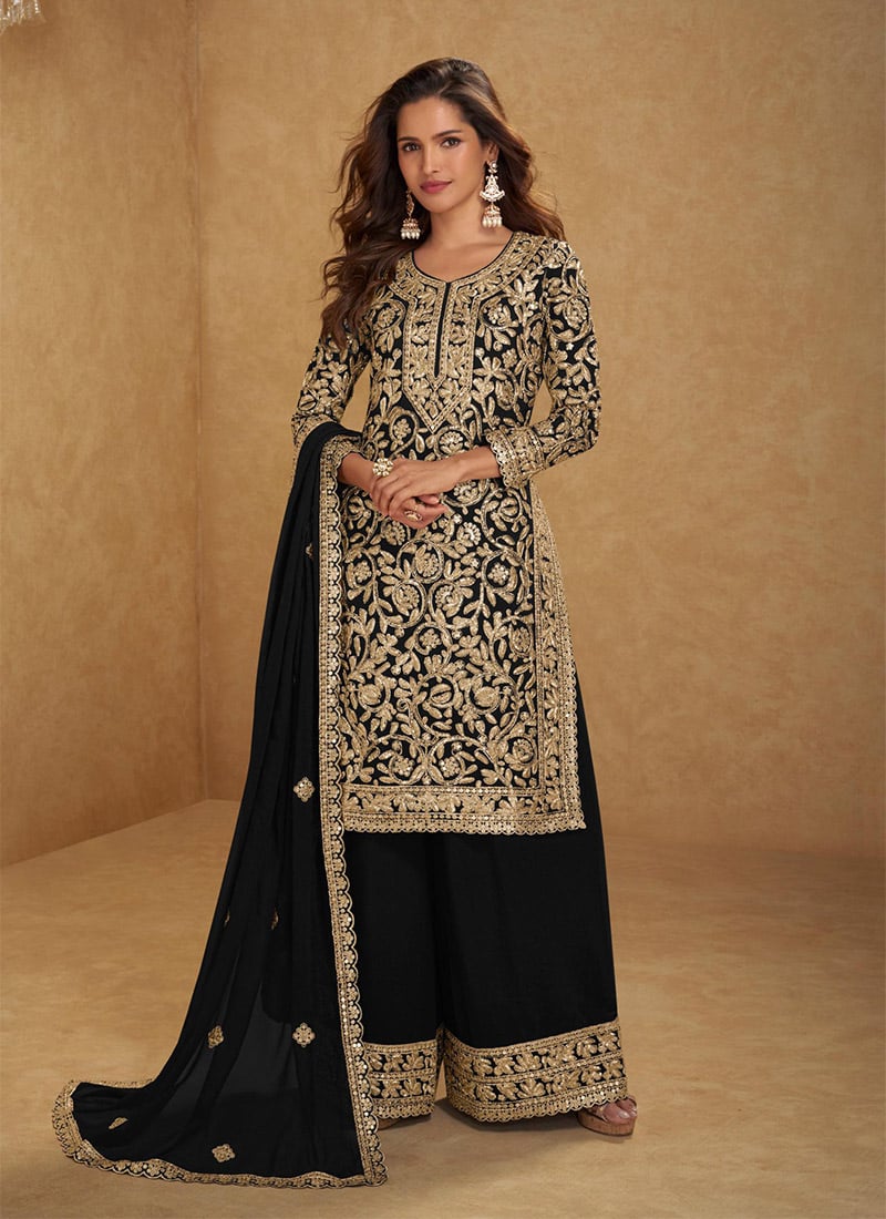 Black Faux Georgette Embroidered Sequins Palazzo Suit Festive Wear