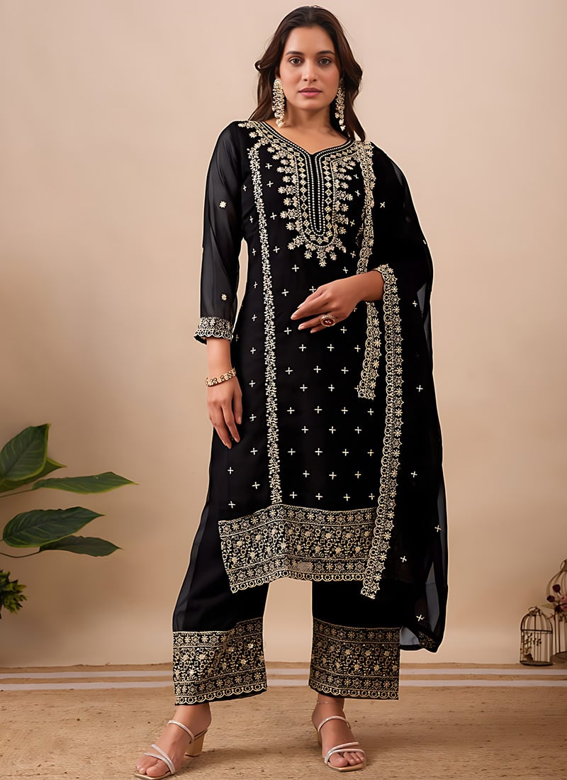 Black Faux Georgette Embroidered Sequins Palazzo Suit Festive Wear