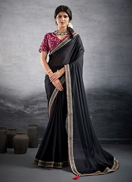 Black Faux Georgette Embroidered Sequins Saree