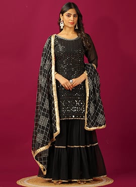 Black Georgette Embroidered Sequins Sharara Suit