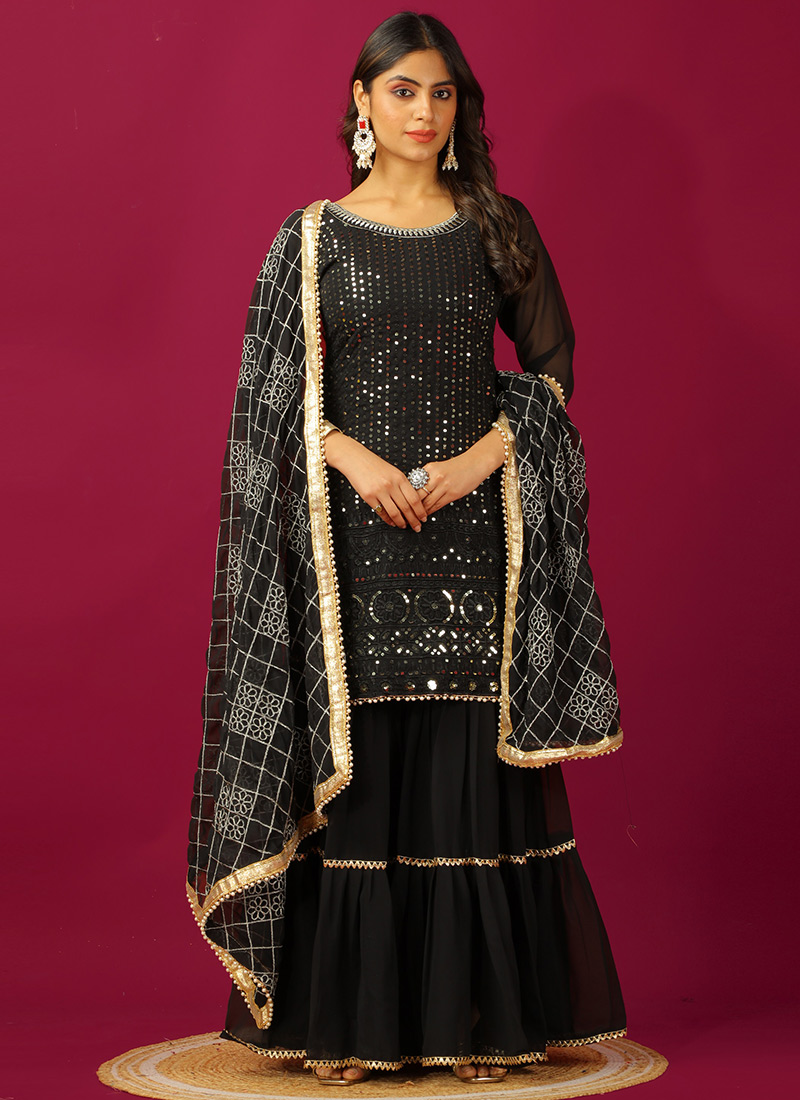 Black Georgette Embroidered Sequins Sharara Suit Festive Wear