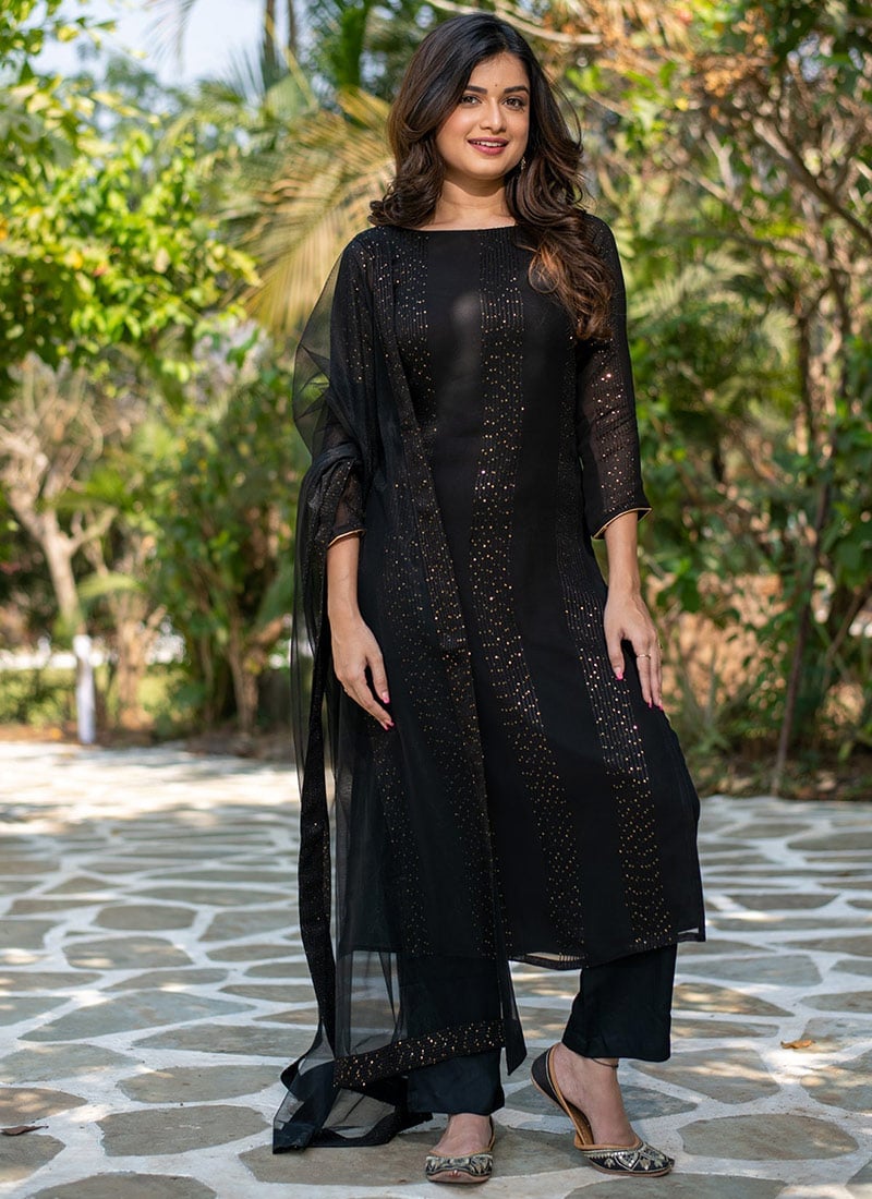 Black Faux Georgette Embroidered Sequins Straight Pant Suit After Six Wear