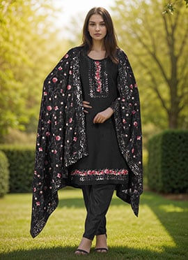 Black Faux Georgette Embroidered Sequins Straight Pant Suit