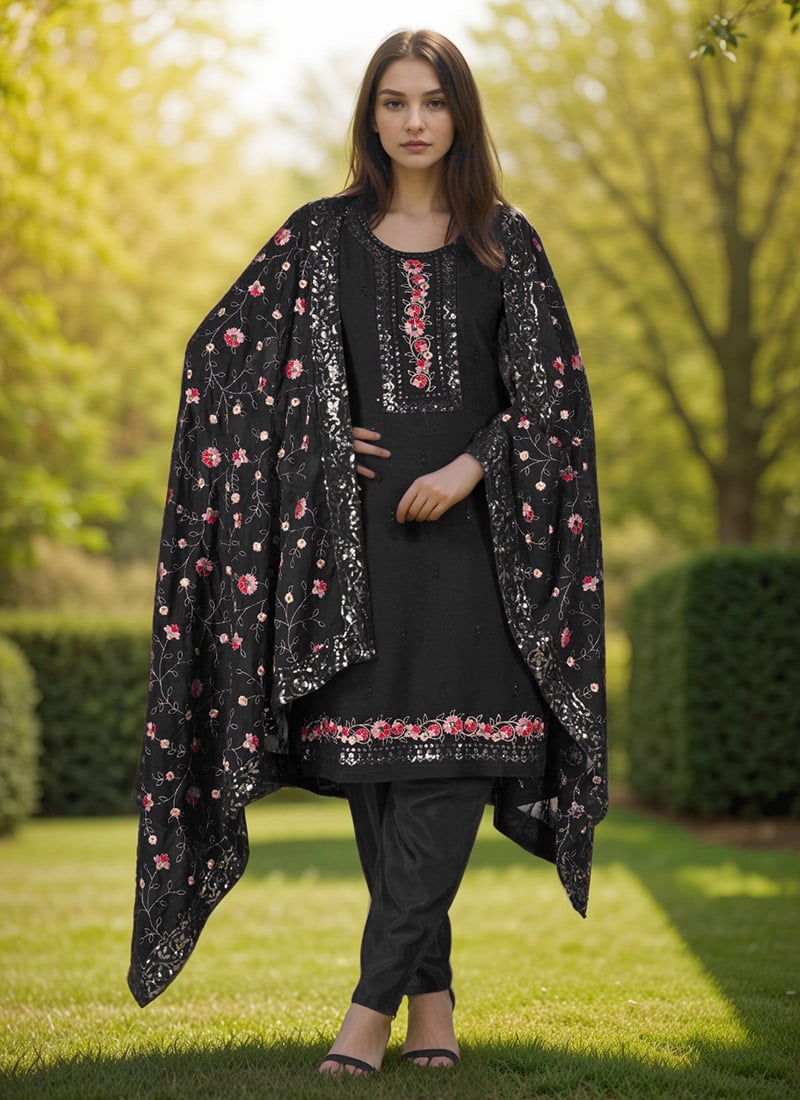 Black Faux Georgette Embroidered Sequins Straight Pant Suit