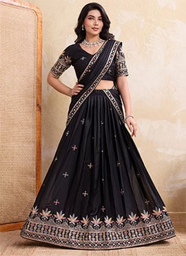 Black Faux Georgette Embroidered Sequins Thread Umbrella Lehenga