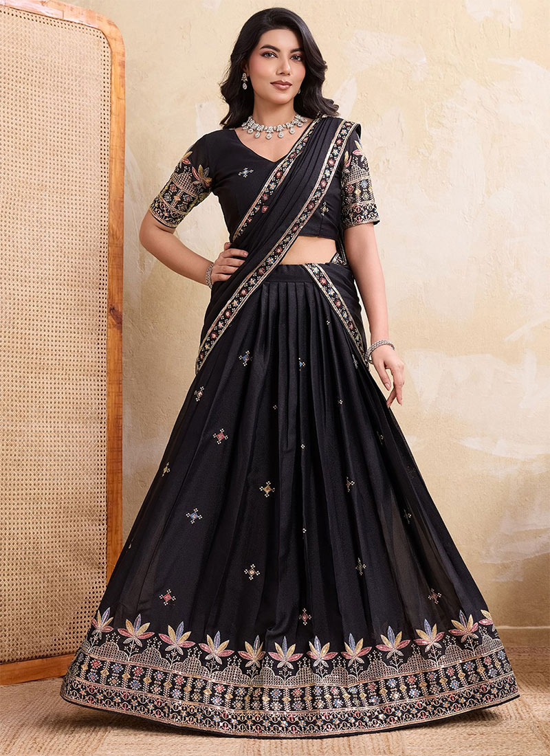 Black Faux Georgette Embroidered Sequins Thread Umbrella Lehenga Wedding Wear