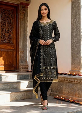 Black Faux Georgette Embroidered Sequins With Mirror Work Straight Pant Suit