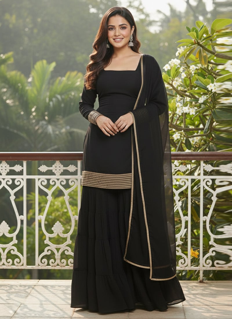 Black Faux Georgette Embroidered Sharara Suit Festive Wear