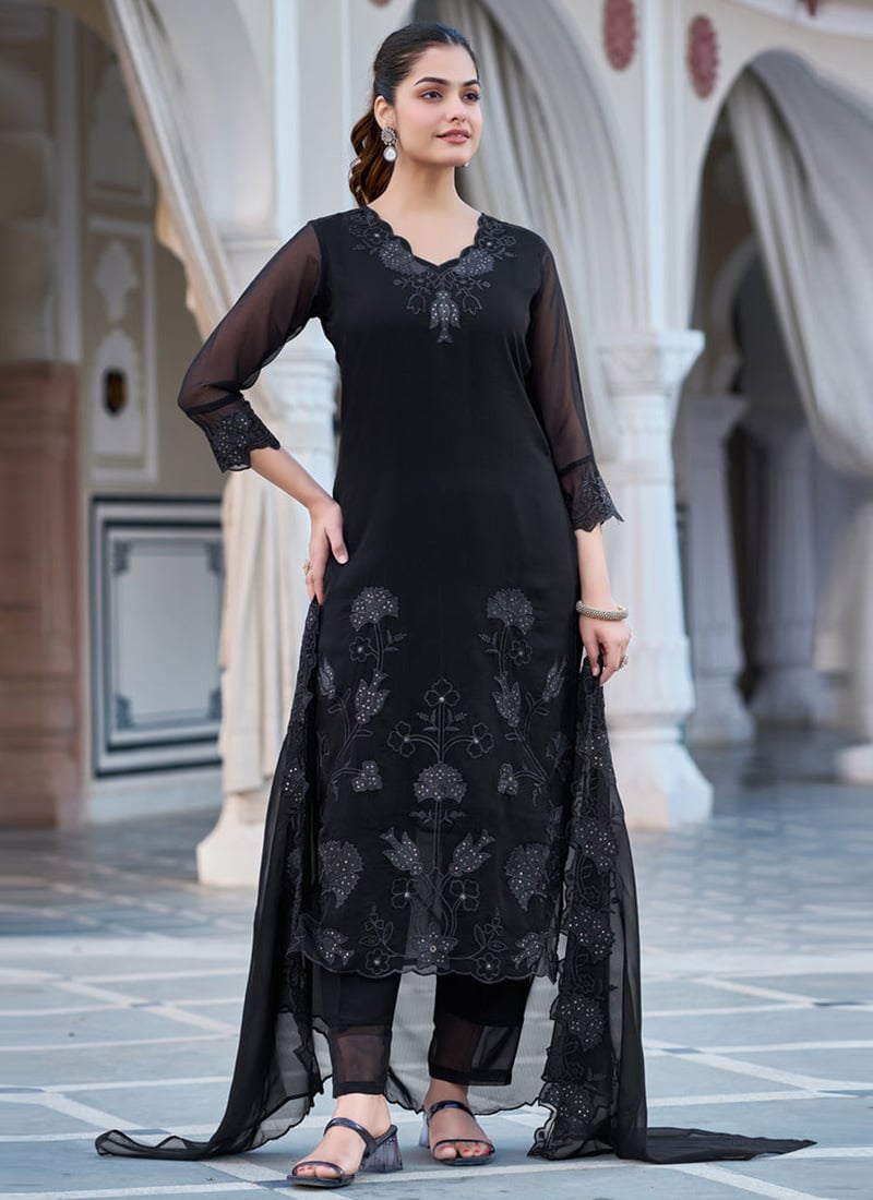 Black Faux Georgette Embroidered Straight Pant Suit After Six Wear