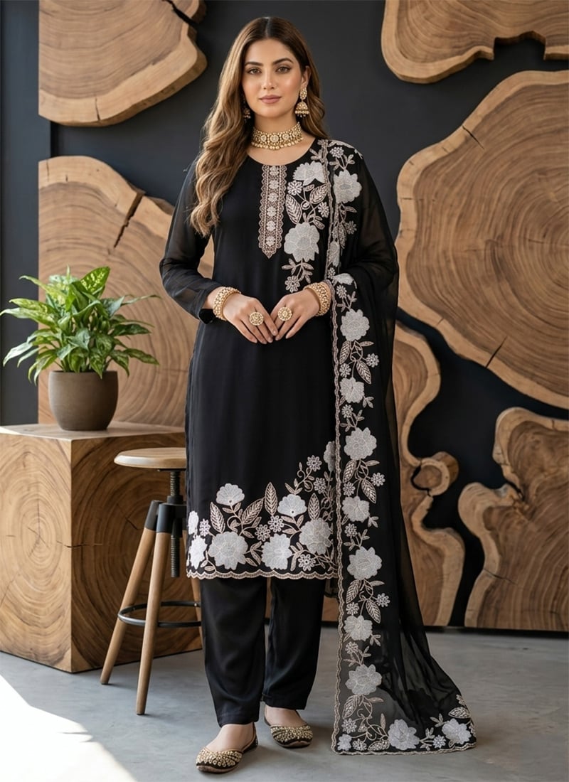 Black Faux Georgette Embroidered Straight Pant Suit Festive Wear