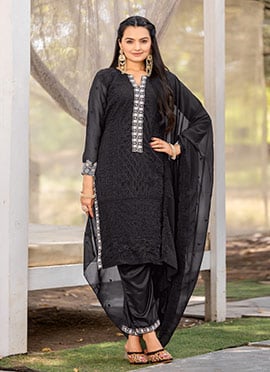 Black Faux Georgette Embroidered Thread Straight Pant Suit