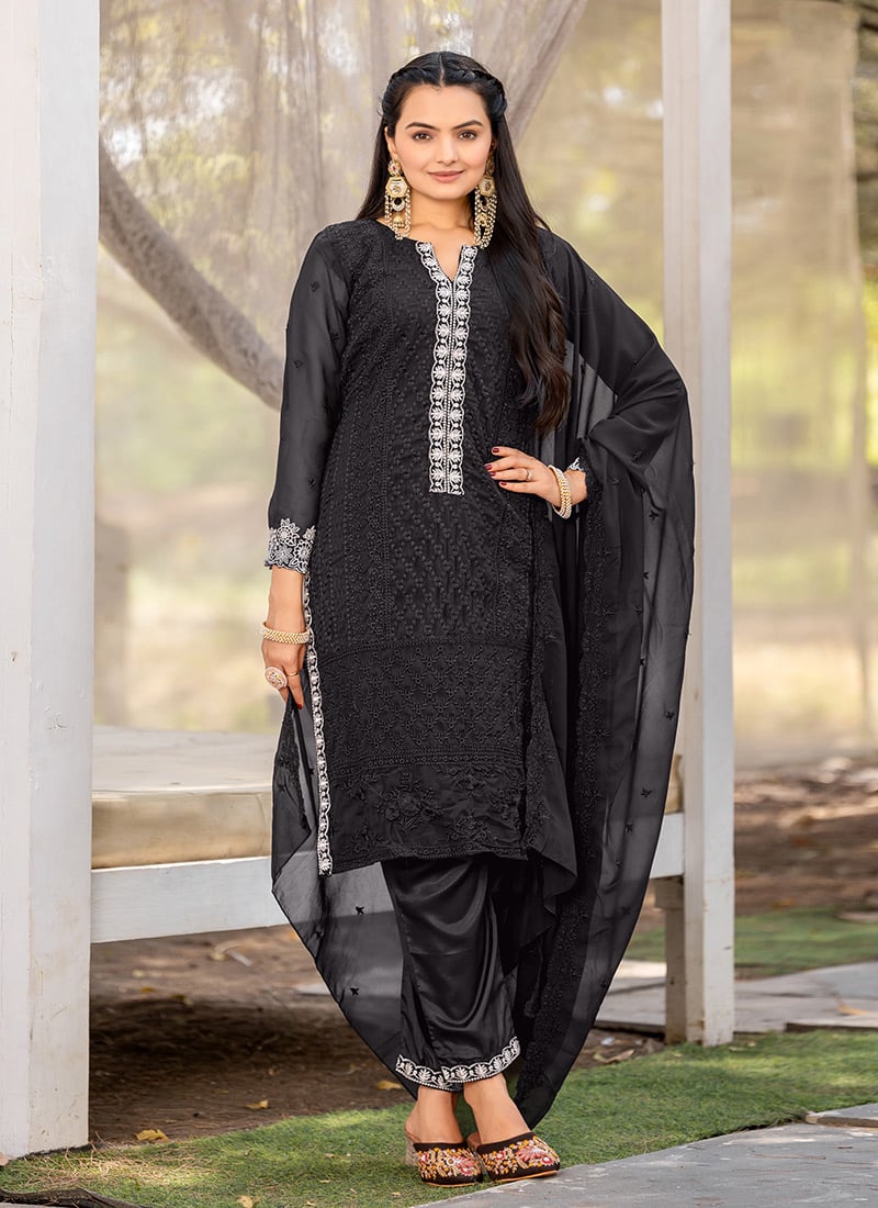 Black Faux Georgette Embroidered Thread Straight Pant Suit After Six Wear