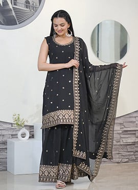Black Faux Georgette Faux Georgette Embroidered Sequins Palazzo Suit