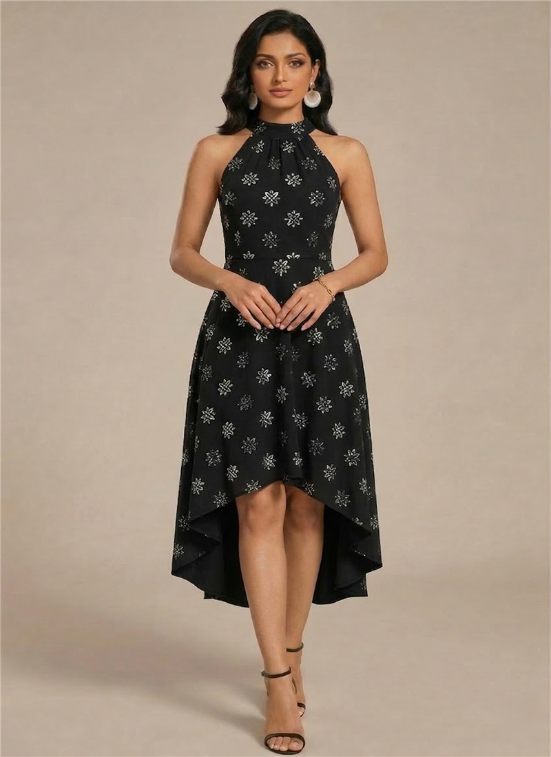 Black Faux Georgette Halter High Low Dress After Six Wear