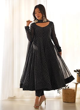 Black Faux Georgette Leheriya Print Anarkali Suit