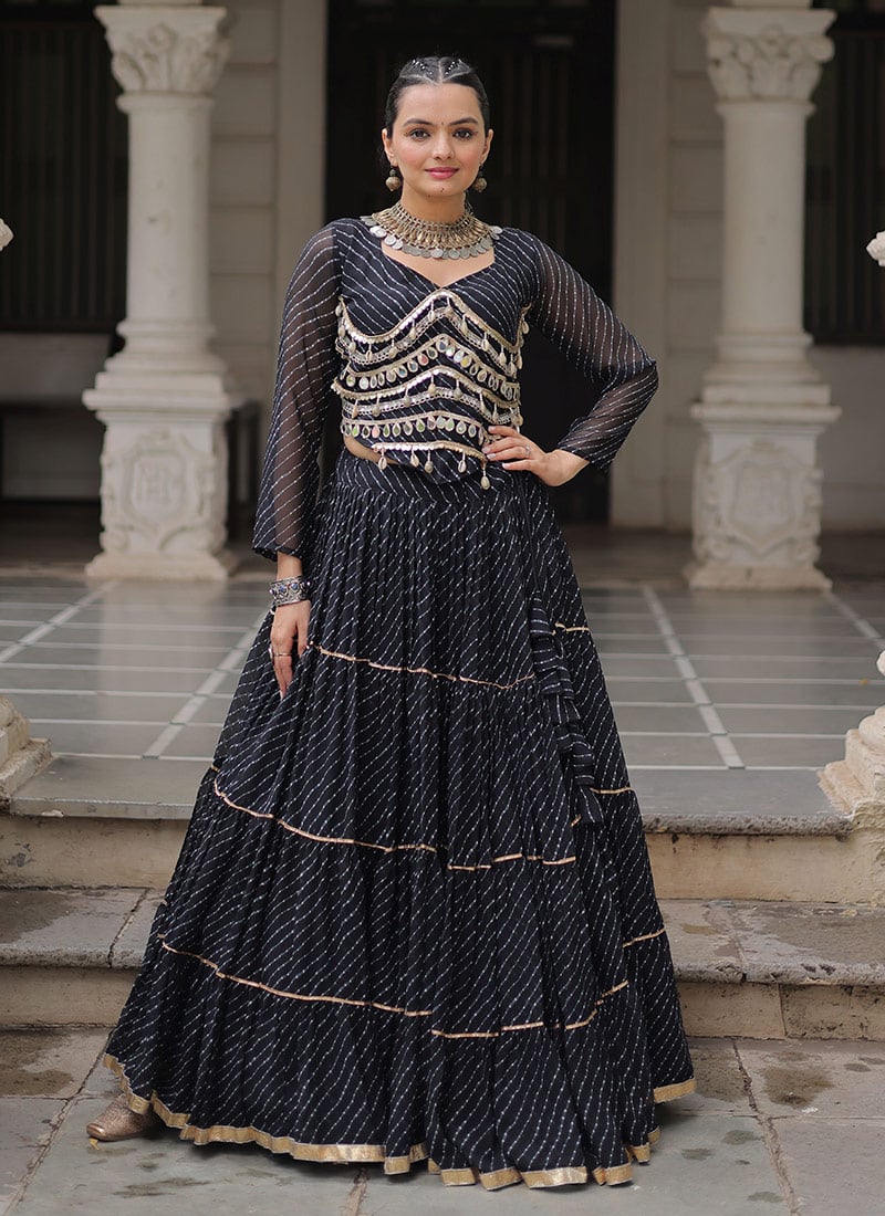 Black Faux Georgette Leheriya Print Gota Patti Skirt Set