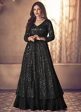 Black Georgette Long Choli A Line Lehenga With Embroidered And Sequins