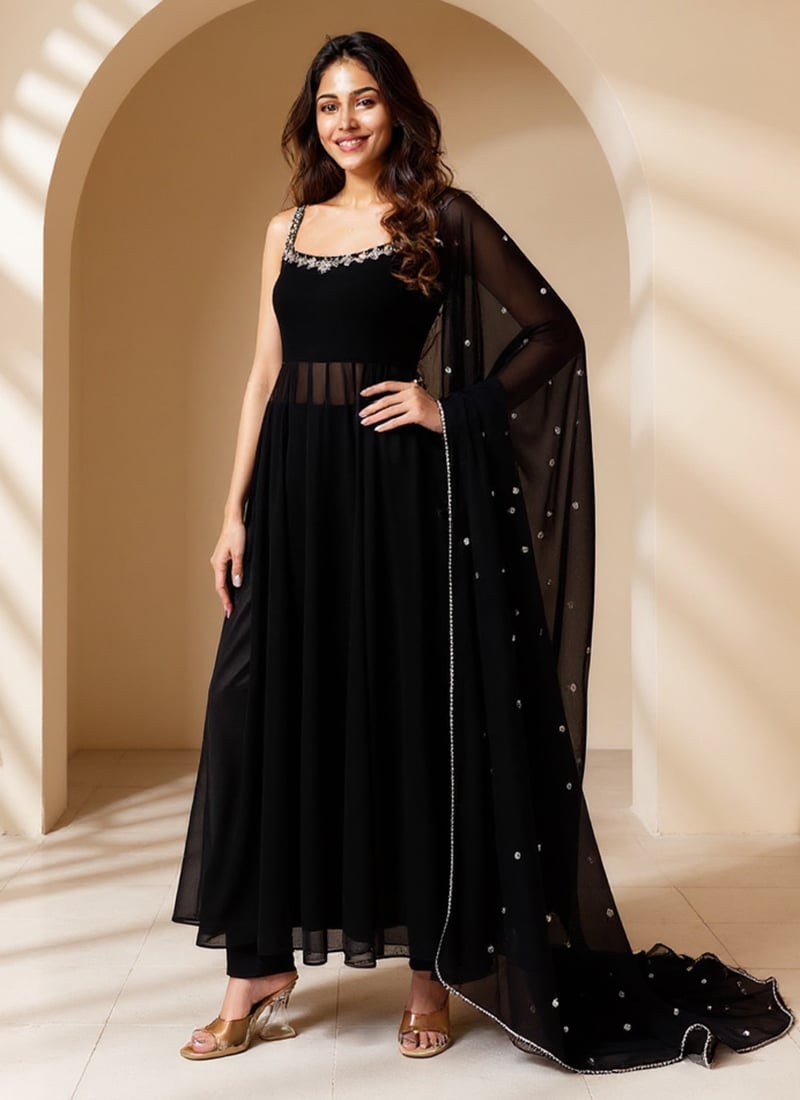 Black Faux Georgette Mirror And Beads Work Palazzo Suit