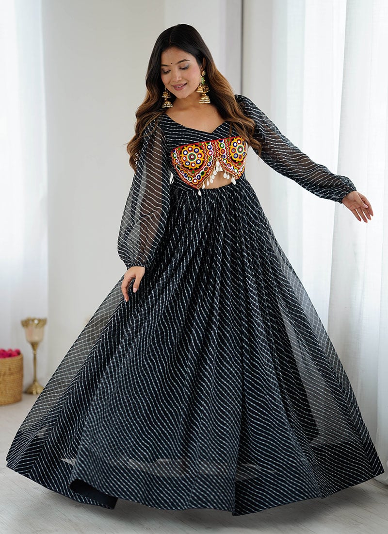 Black Faux Georgette Mirror Work Printed Kutch Work Indowestern Gown After Six Wear