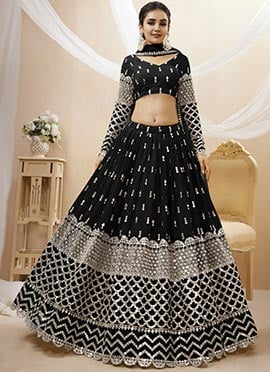 Black Faux Georgette Embroidered Umbrella Lehenga