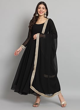 Black Faux Georgette Printed Anarkali Suit