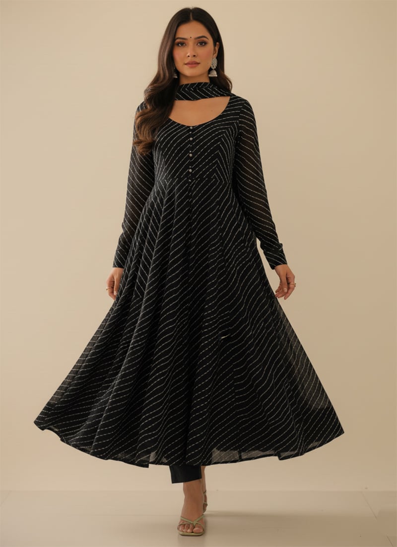 Black Faux Georgette Printed Anarkali Suit After Six Wear