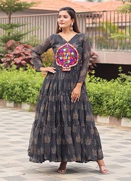Black Faux Georgette Printed Kutch Work Dress