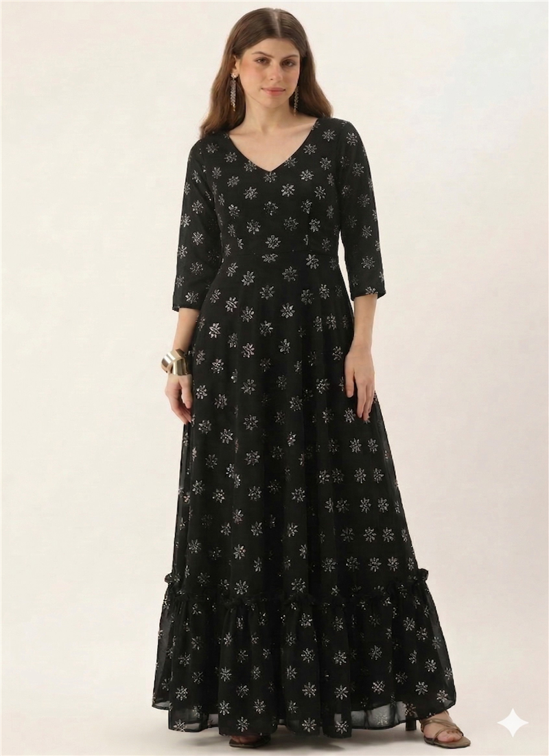 Black Faux Georgette Printed Maxi Gown After Six Wear