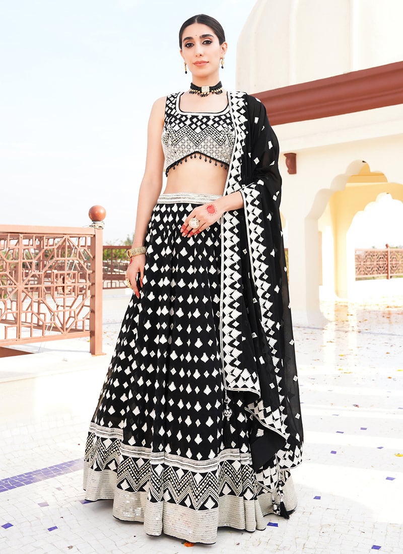 Black Faux Georgette Resham Work Embroidered Sequins Lehenga Wedding Wear