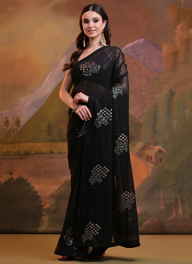 Black Faux Georgette Saree Embossed With Sequins After Six Wear