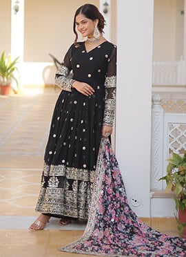 Black Faux Georgette Sequence And Embroidered Anarkali Suit