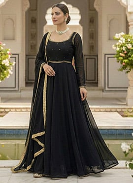 Black Faux Georgette Sequins Anarkali Suit