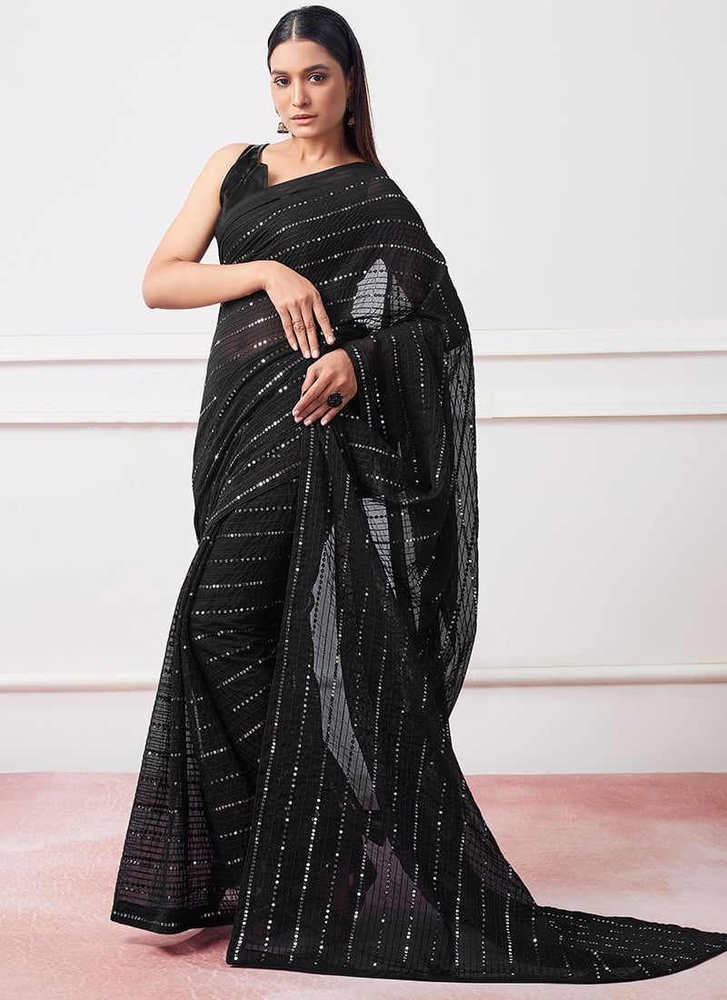 Black Faux Georgette Sequins And Embroidered Saree