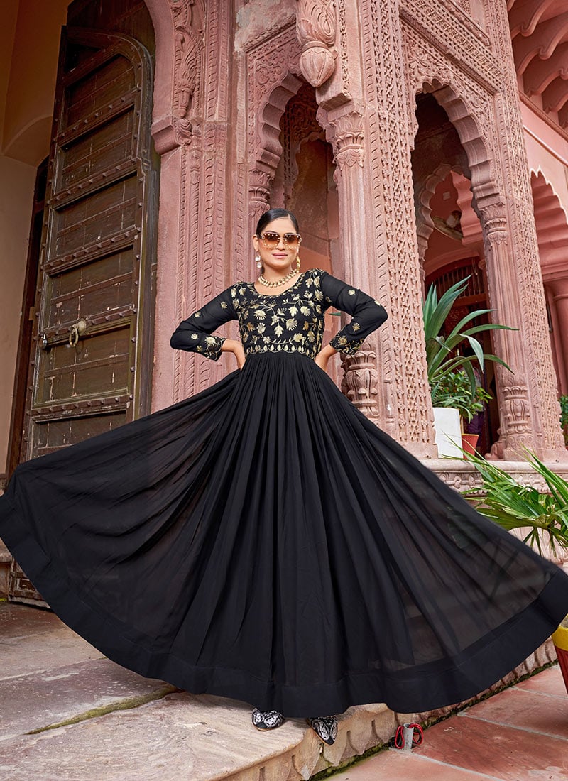Black Faux Georgette Sequins Embroidered Anarkali Gown Festive Wear