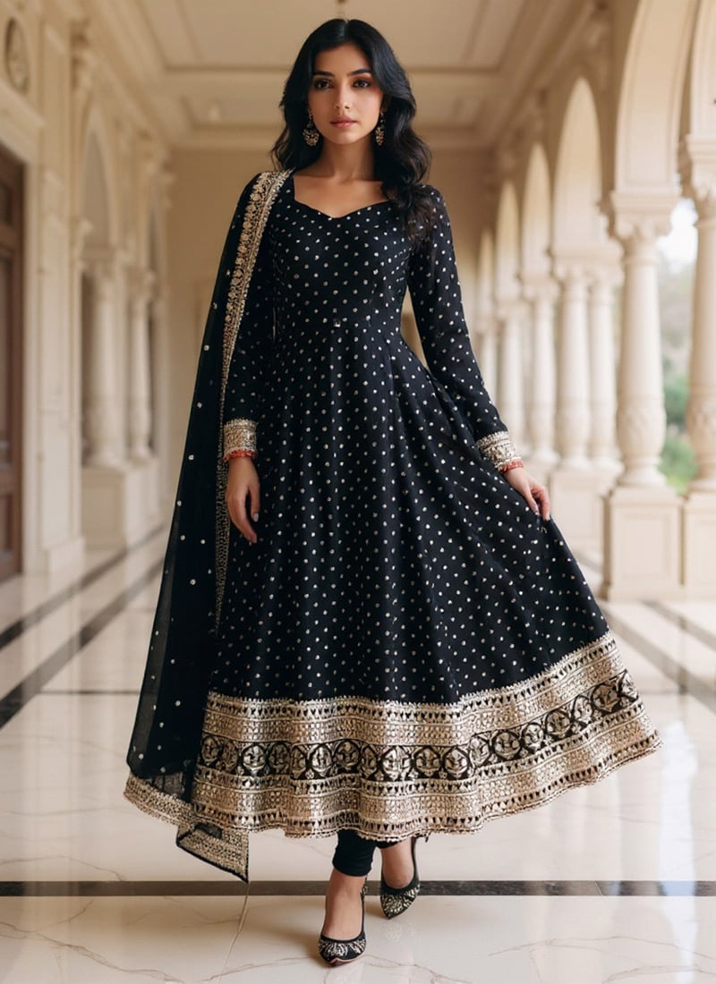 Black Faux Georgette Sequins Embroidered Anarkali Suit Festive Wear