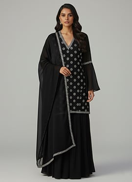 Black Faux Georgette Sequins Embroidered Palazzo Suit