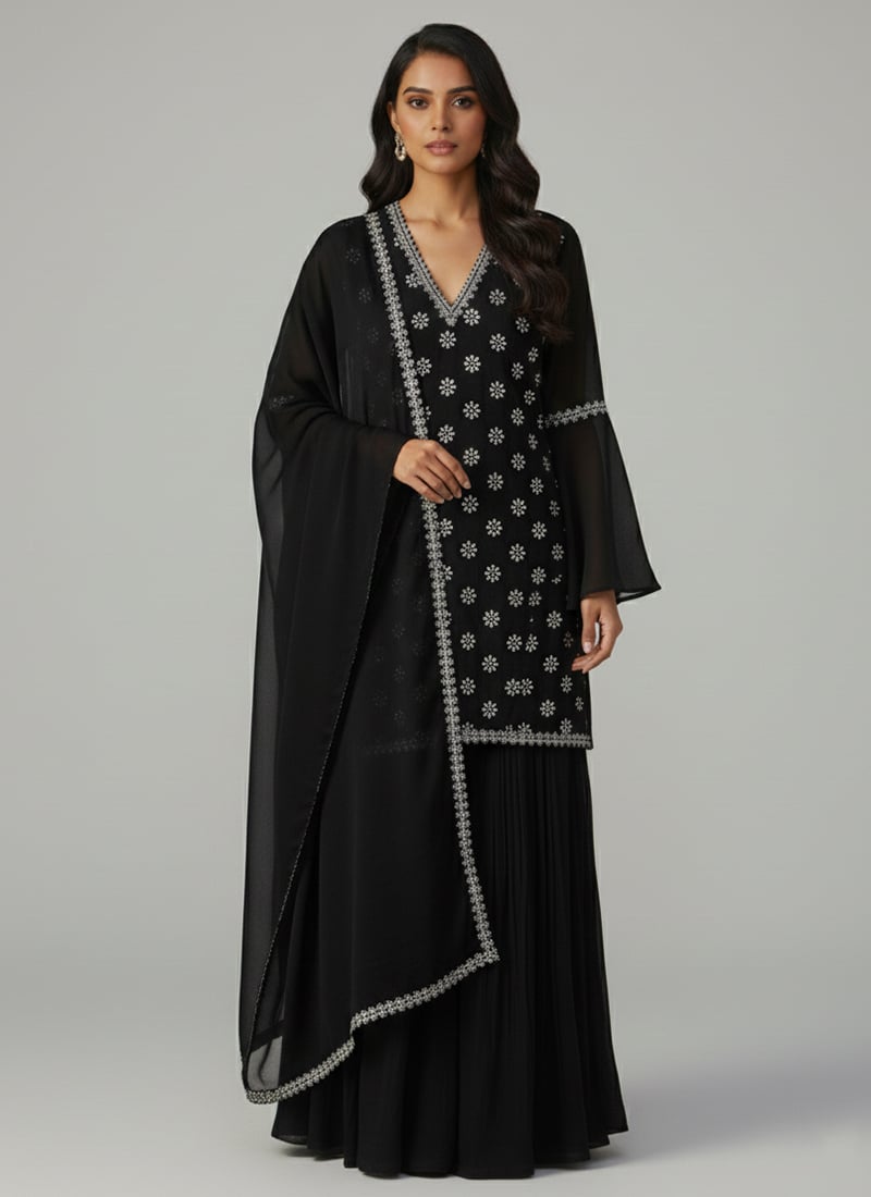 Black Faux Georgette Sequins Embroidered Palazzo Suit Festive Wear