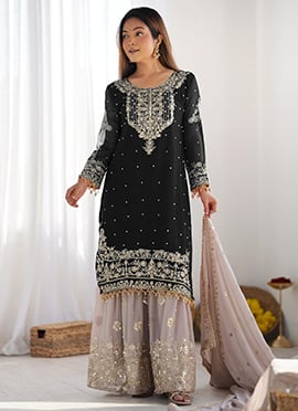 Black Faux Georgette Sequins Embroidered Palazzo Suit