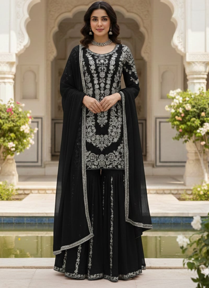 Black Faux Georgette Sequins Embroidered Thread Sharara Suit Festive Wear