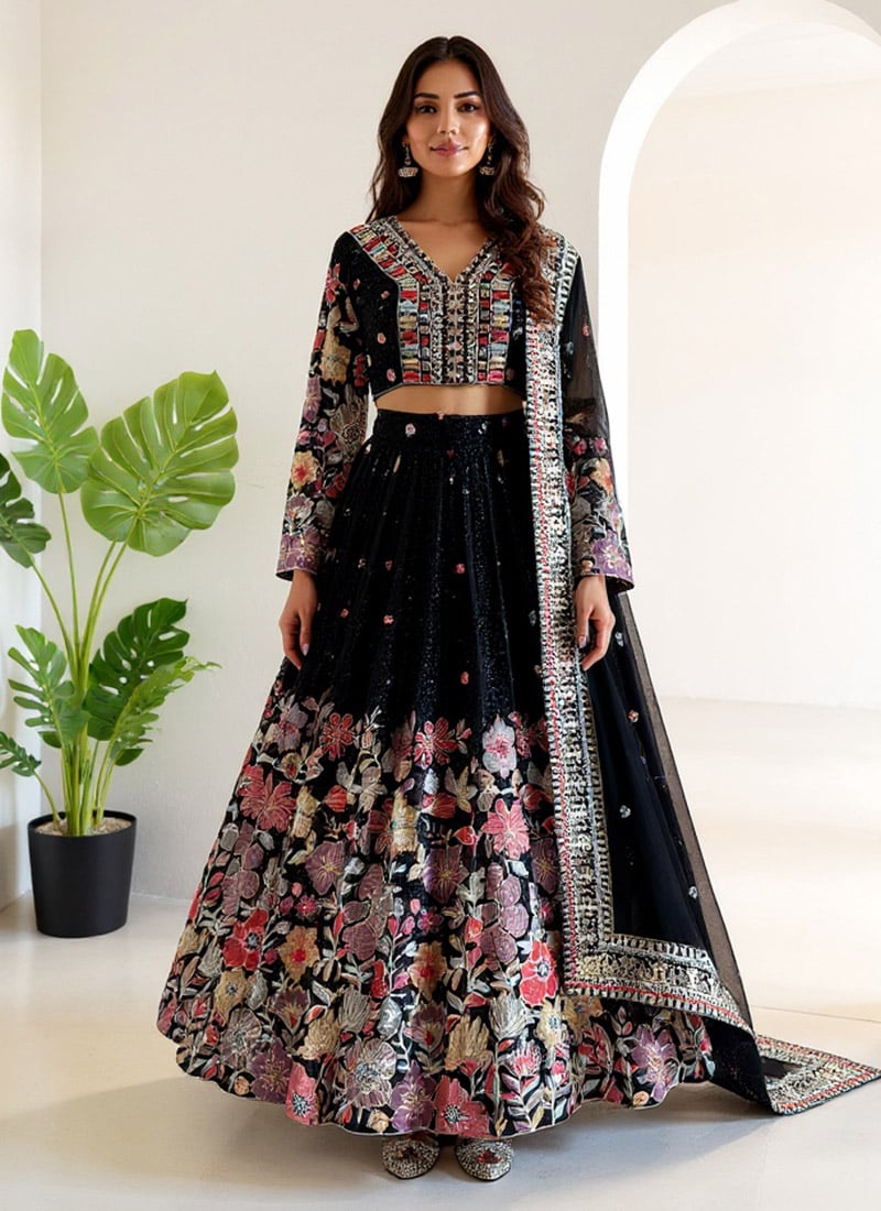 Black Faux Georgette Sequins Embroidered Umbrella Lehenga Wedding Wear