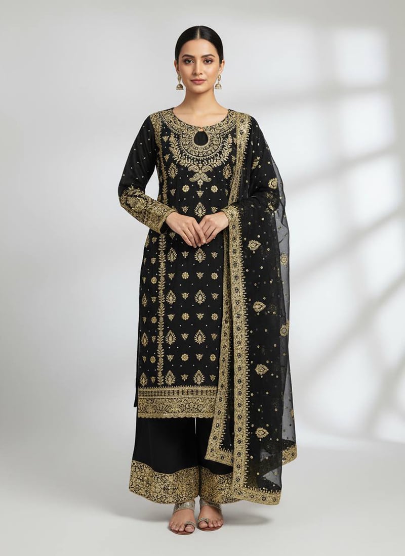 Black Faux Georgette Sequins Embroidered Zari Palazzo Suit Festive Wear